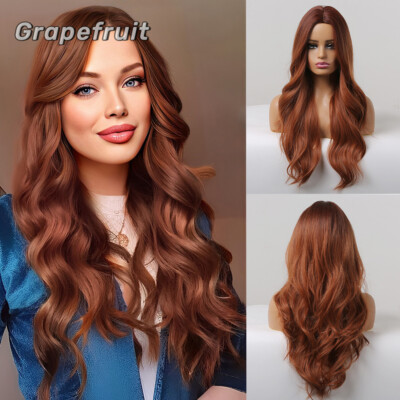 Wig female long curly hair dirty orange red synthetic fiber breathable wig