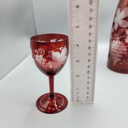 Vintage Egermann Bohemian Ruby Red Cut To Clear Crystal Decanter & 4 Wine - Picture 11 of 13