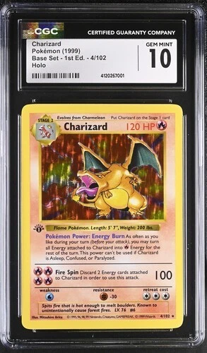 Pokemon 1999 1st Edition Base Set Shadowless Charizard Holo 4/102 CGC 10
