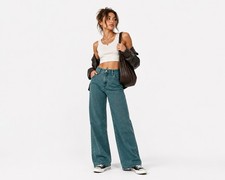 Old Navy Girls Size 16 High Rise Baggy Wide Leg Jeans Green Teal Denim