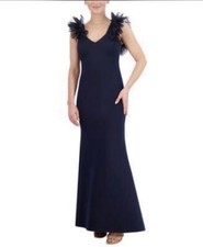 New Eliza J Ruffle-Shoulder Scuba Gown Evening Dress, Navy Blue, Size 8