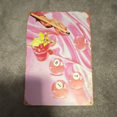 Pink White Billiards Cocktail Metal Wall Mounted Rectangle Sign. 