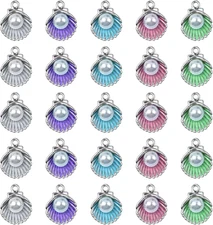 , Enamel Clam Shell Pendants Charms with Acrylic White Pearl Beads Necklace Brac