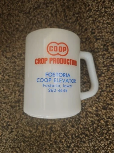 VTG CO-OP Crop Production Milk Glass Coffee Mug Cup Iowa Elevator Advertising