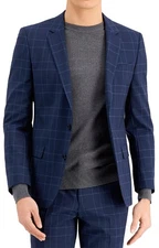 Hugo Boss Mens Slim Windowpane Plaid Wool Suit Jacket 36 Regular Blue - NWT $445