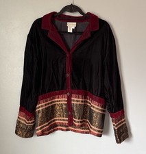 Coldwater Creek Womens Velvet Button Blazer Jacket Black Wine Tapestry Large