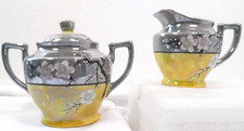 TAKITO TT Lusterware Creamer  Sugar Bowl Set Blue-Gray  Yellow Japan