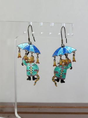 Enamel Cat Umbrella Fish Dangle Earrings Articulated Whimsical Novelty Colorful 