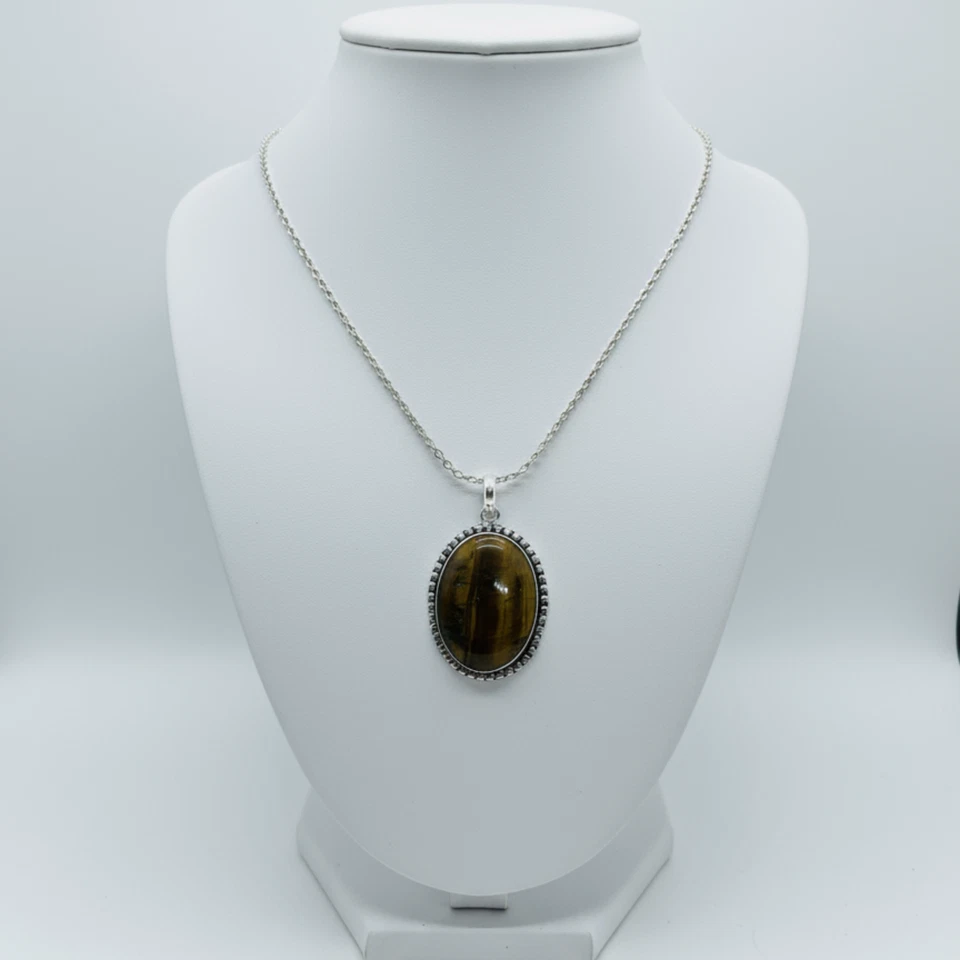 Ожерелье с овальной подвеской ручной работы с серебряным покрытием и драгоценными камнями тигровый глаз с бесплатной цепочкой - Изображение 2 из 4