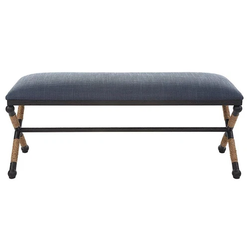 Uttermost Firth Coastal Iron MDF and Fabric Bench in Natural/Navy Blue - Picture 3 of 9
