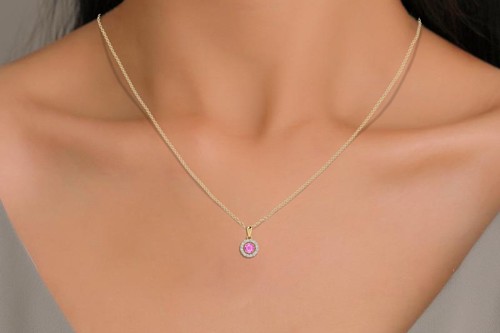 14k Solid Gold Halo Wedding Pendant 1/2 CT Round Pink Sapphire & Diamond Pendant - Picture 14 of 22