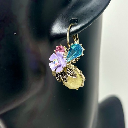 Betsey Johnson Multicolor Rhinestone Pink Blue Gold Tone Lever Back Earrings - Picture 12 of 15