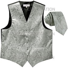 New Men's Vesuvio Napoli Paisley Tuxedo Vest 2.5" Skinny Necktie party Silver