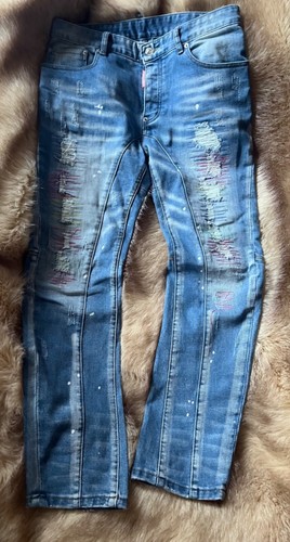 Dsquared Men 48 32 US Slim Blue Cotton Stretch Jeans Paint Splatter Embroidered