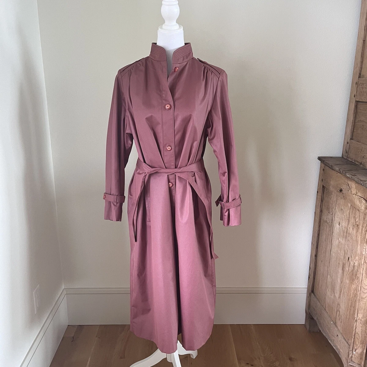Vintage Townhouse Womens Trench Coat Sz M Lined Belted Mauve 80s 90s