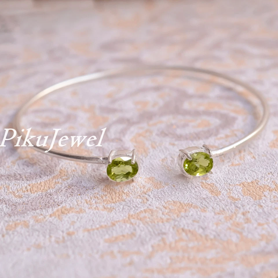 Green Peridot Cut Gemstone Bracelet 925 Sterling Silver Simple Looking Bangle - Image 4 of 4