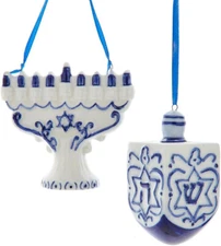 KURT ADLER SET OF 2 BLUE & WHITE 3" MENORAH & DREIDEL HANUKKAH ORNAMENTS J7823