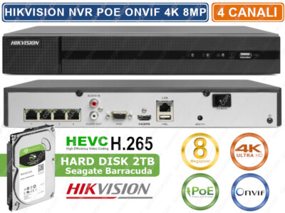 HIKVISION NVR HWN-4104MH-4P 4K 4CH POE Con Hard Disk 1TB - Registratore IP H.265+