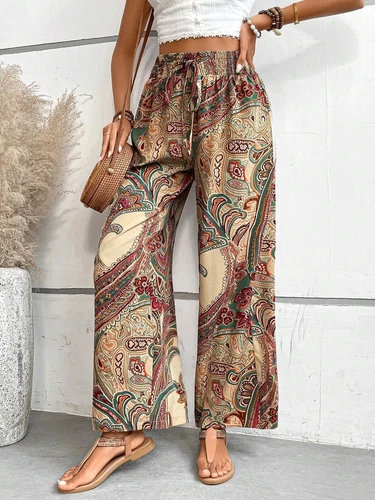 Damen Sommer Mode Blume Elastische Taille Weites Bein Hose- - Bild 15 von 29