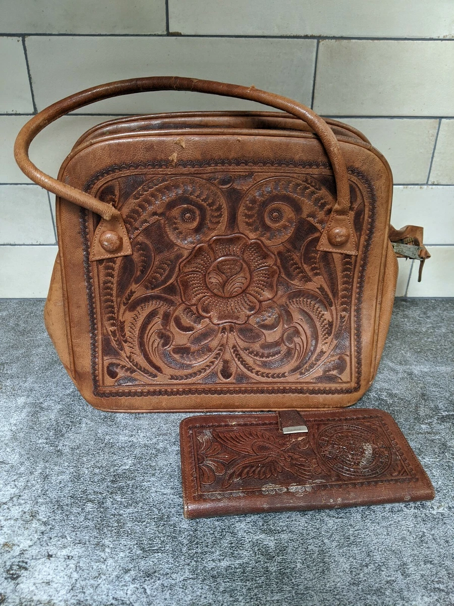 Vintage 1940s Hand Tooled Leather Satchel Bag Handbag Purse Mexican w/  Wallet