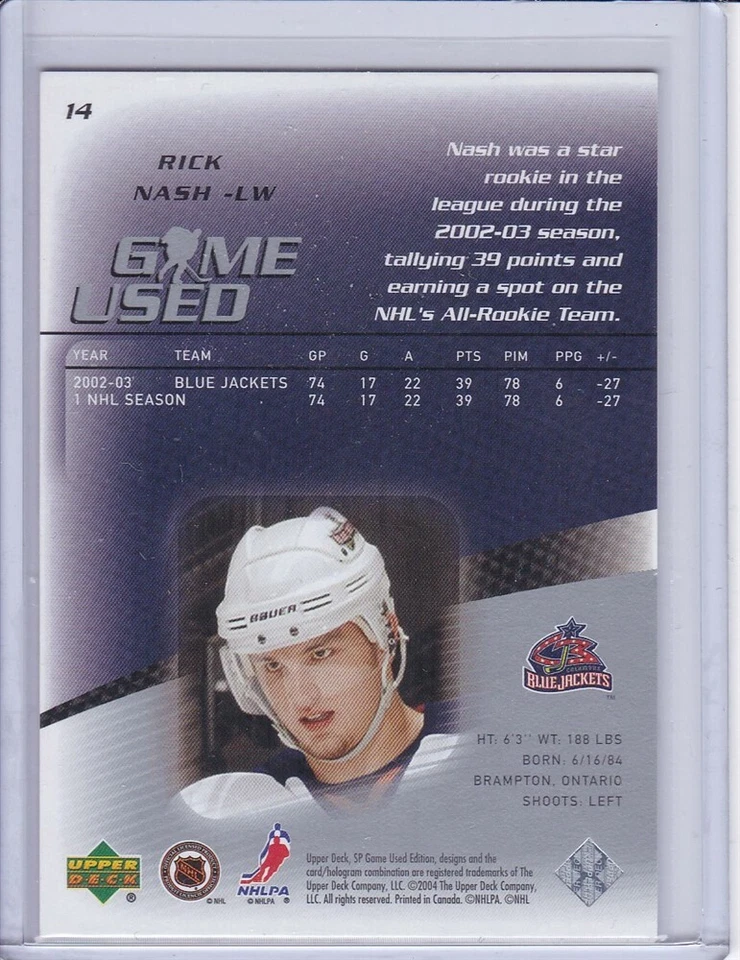 Rick Nash 2003 SP Game Used Hockey Card 14 Grade MT - Image 2 of 2