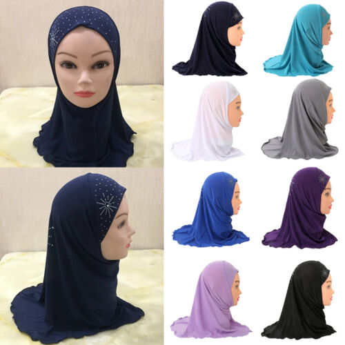 Girls Hijab Rhinestones Decors Turban for 2-7 Years Old Kids Muslim Head Wraps - Afbeelding 1 van 32