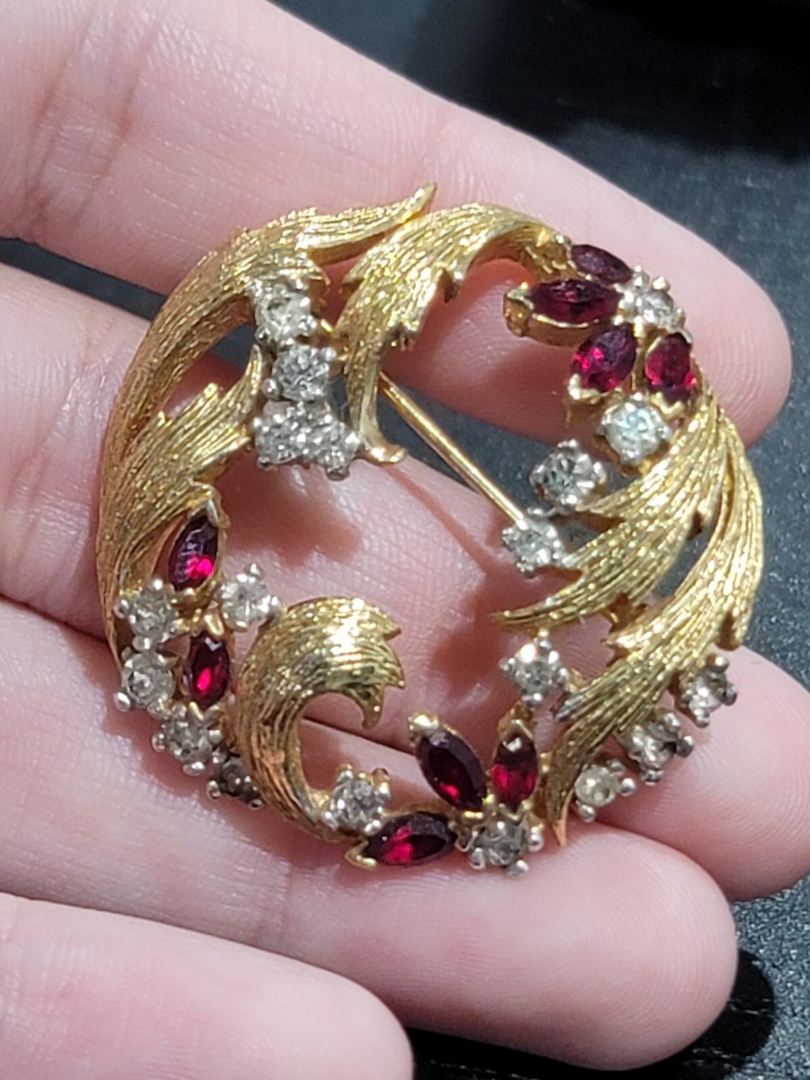 Vintage Panetta Red & clear Rhinestone Brushed Gold Brooch | eBay
