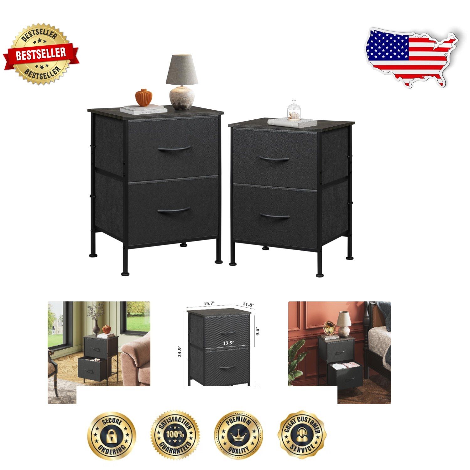Compact 2 Drawer Nightstands - Charcoal Black Fabric Bin Set for Small Spaces