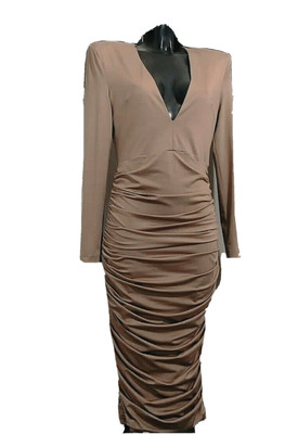 Missguided Woman Ruched Stretch Plunge Midi Dress Peace+Love Mauve Colour SzUK10