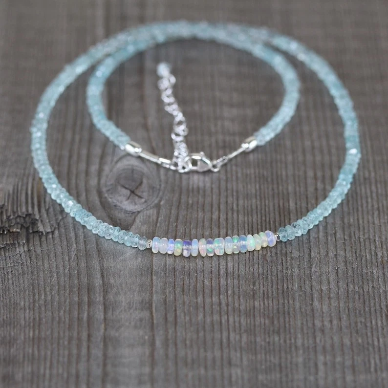 Colar feminino com miçangas de pedra preciosa facetada Rondelle de opala de fogo e água-marinha 3-5 mm 18" - Imagem 4 de 4