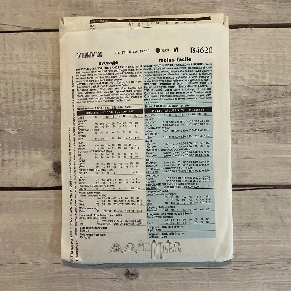 Butterick 4620 Sewing Pattern Jacket Skirt Pants Top Pantsuit Size 6-12 UNCUT - Image 2 of 3