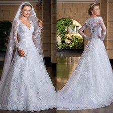 Elegant A-Line Wedding Dresses V-Neck Long Sleeves Lace Appliques Bridal Gowns