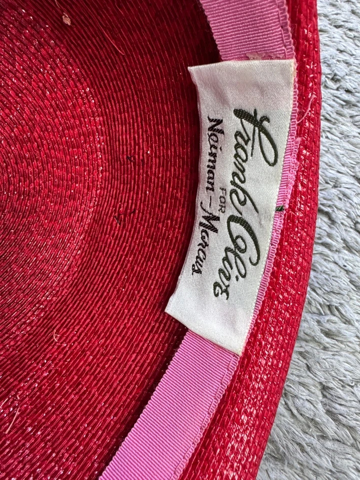 Sombrero de Paja Frank Oliva Neiman-Marcus Rojo Fedora Caprichoso Iglesia Boda De Colección Años 70 Foto 4 de 4