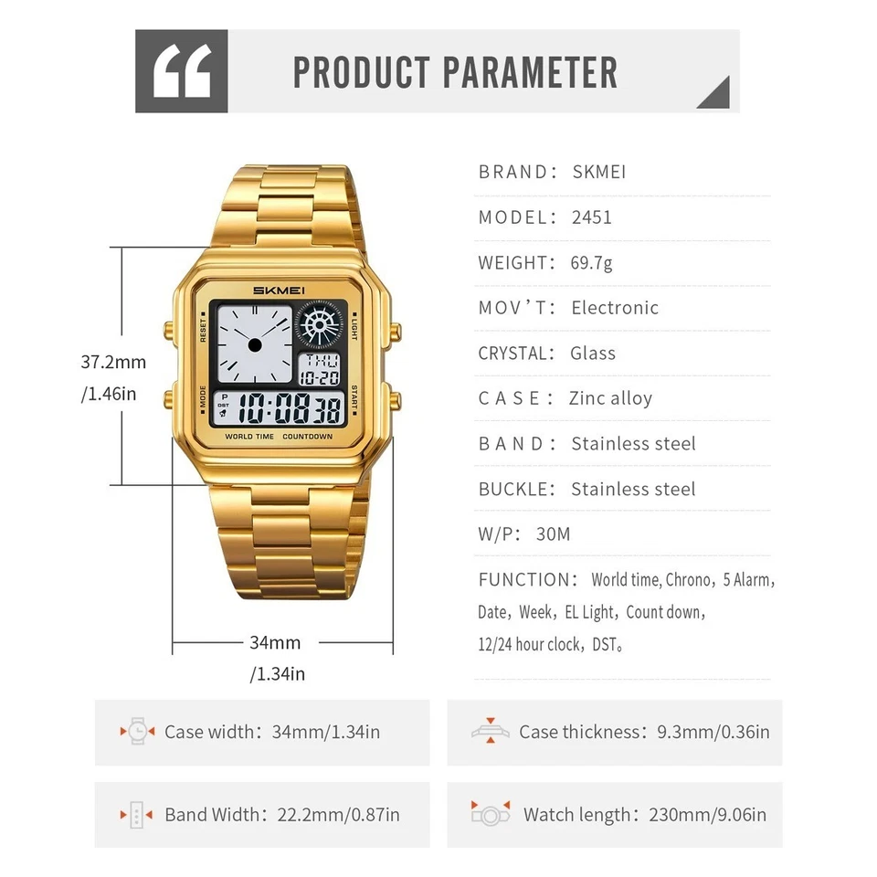 SKMEI 2451 Reloj Electrónico Hombre Negocios Para Mujer Estudiante Deporte Impermeable Foto 3 de 4