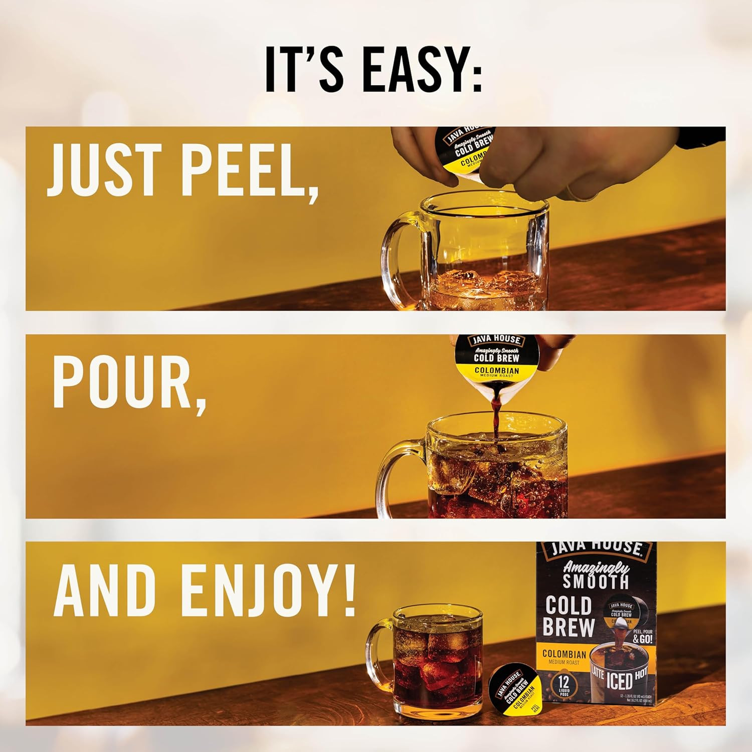 Dark Roast Sumatran Cold Brew Pods, (12 Count) Peel and Pour Pods Hot or Iced In