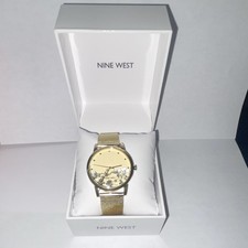 Nine West Gold Floral Dial Mesh Band Quartz Women's Wristwatch Analog
