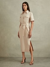 REISS Aimie Cotton Blend Utility Belted Short Sleeve Midi Dress Stone UK Size 12