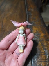 Vtg Tiny Jointed Bisque Porcelain Doll Figurine Wired Shoulders w/ Box - 2 3/8"