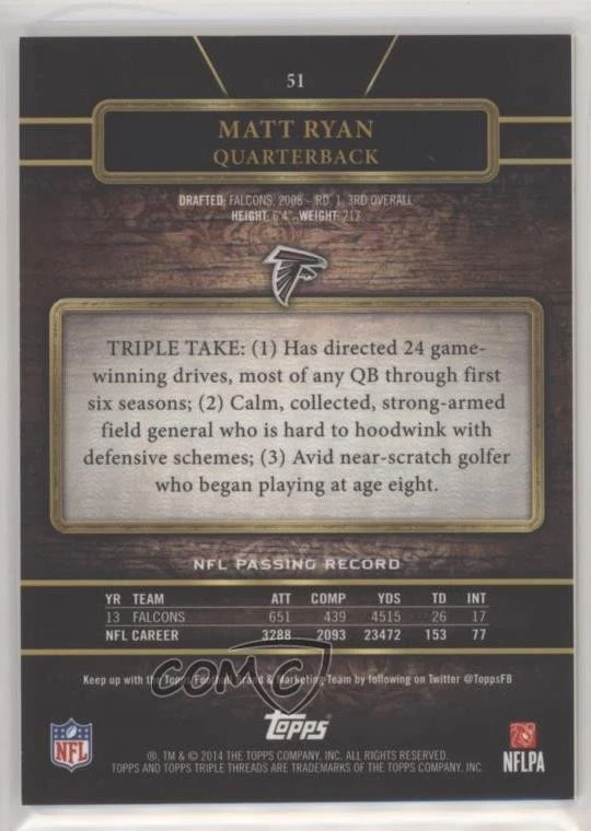 2014 Topps Triple Threads Gold /99 Matt Ryan #51 - Image 2 of 2