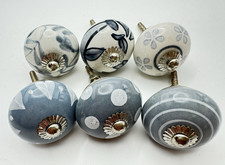 Blue Gray Ceramic Cabinet Knobs Set 6 Floral Drawer Pulls Cottage Farmhouse