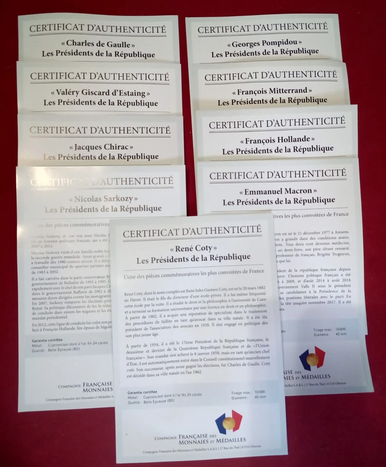 9 Pieces Commémoratives Présidents République Française Plaqué Or Fin 24K - Photo 4/4