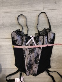 Ann Summers Black & Light Pink Satin Lace & Mesh Suspender Basque Size 36B
