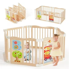 Foldable Wooden Playpen - Adjustable Wood Baby Play Yard with Child-Proof Lock