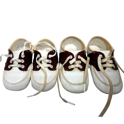 Vintage Baby Saddle Shoes Lot 2 Pairs White Brown Mid Century Infant Oxfords BN