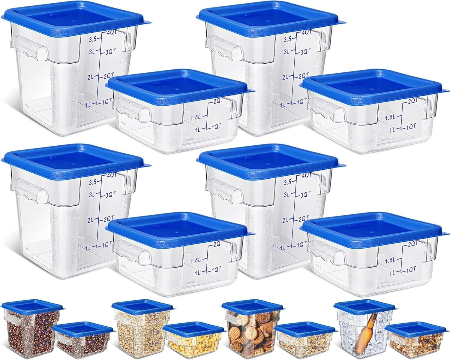 8 Pcs Restaurant Food Storage Containers W/ Lids Set 2Qt & 4Qt Commercial