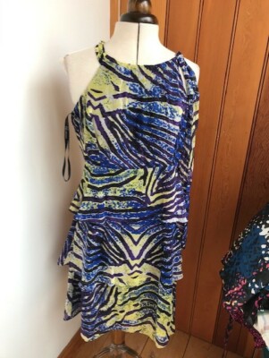 bcbg Abstrakte Kunst Fließendes Kleid Medium Neu Lila Gelb Schwarz Weiß Lagenlook Bindeband