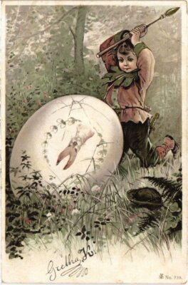 CPA AK Boy with a Spear and a Huge Egg - Artist Signed CHILDREN (1292755)