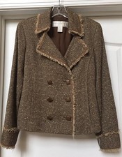 DONCASTER Silk Blend Brown Tweed Leather Trim Fringe Blazer , Size 4  NWOT