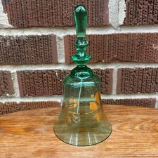 Vintage Green Crystal Bell Mouth Blown Made in Hungary Gold Floral Design