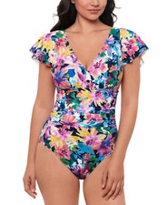  102 Swim Solutions Women's Garden Dreams One-Piece Swimsuit, Navy Multi, Sz 18